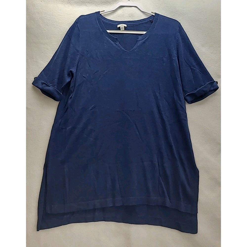 J Jill Linen Blend Blue Knit Tunic Sz L Short Sleeve Office Casual High Low Hem
